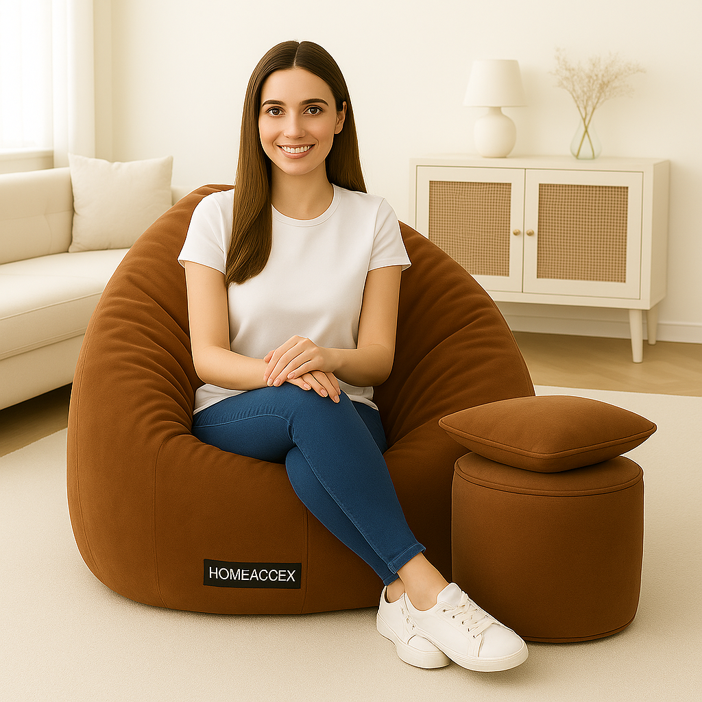 Homeaccex Velvet Filled Bean Bag Sofa Chair With Cushion & Footstool