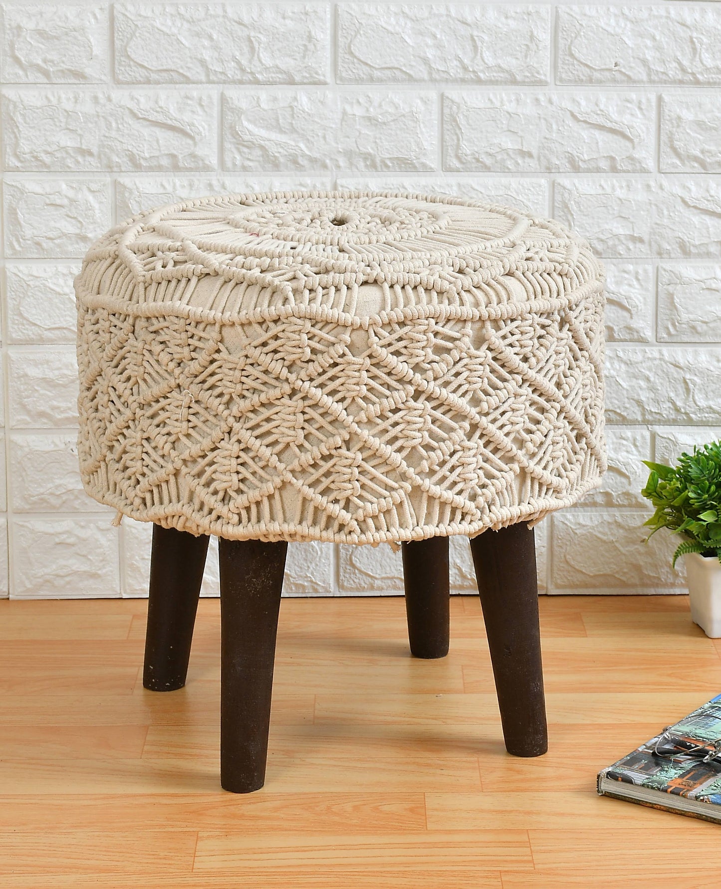 Homeaccex Macrame Ottoman Pouffe Puffy Stool For Sitting, 16inch Height, Cream