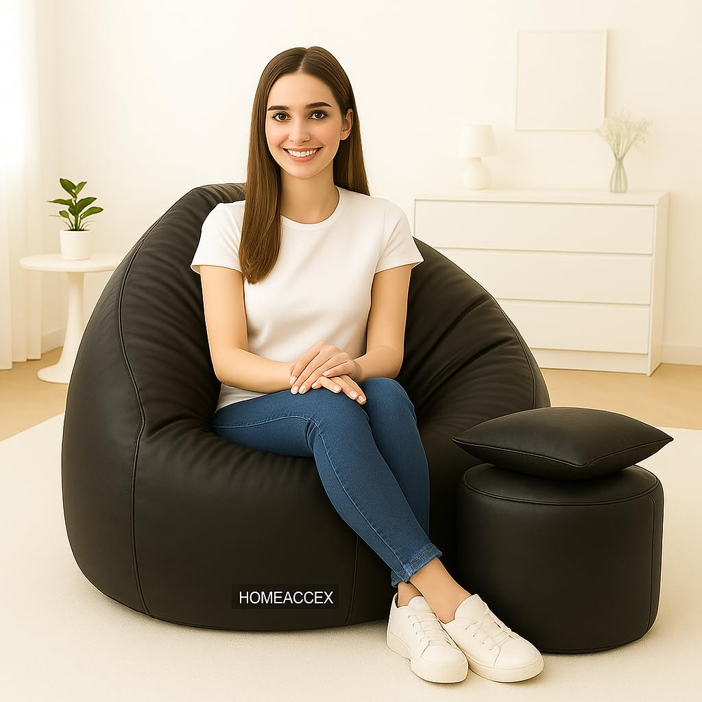 Homeaccex Rexin Leather Filled Bean Bag Sofa Chair With Cushion & Footstool