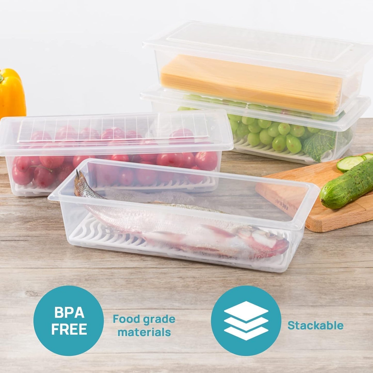 Homeaccex 6Pc Fridge Storage Boxes Organizers Set, Freezer Refrigerator Storage Containers, Fish Container, Meat Storage Plastic Boxes, Vegetable Storage Box For Fridge Stackable, 1500 ml Container Box