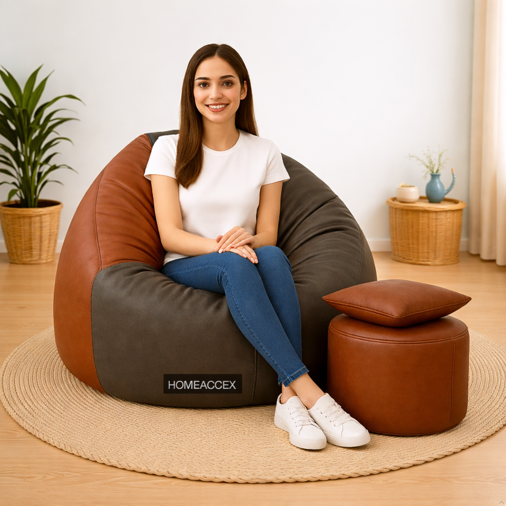 Homeaccex Rexin Leather Filled Bean Bag Sofa Chair With Cushion & Footstool