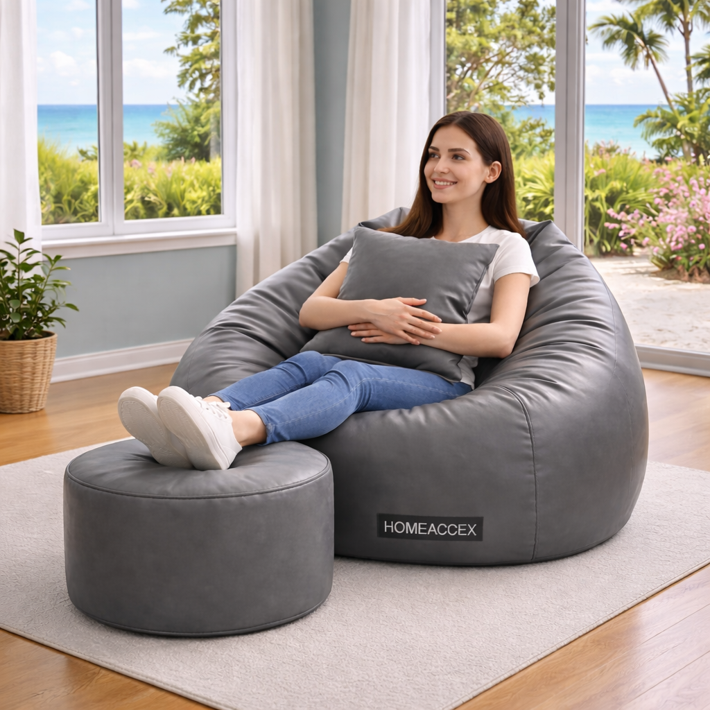 Homeaccex Rexin Leather Filled Bean Bag Sofa Chair With Cushion & Footstool