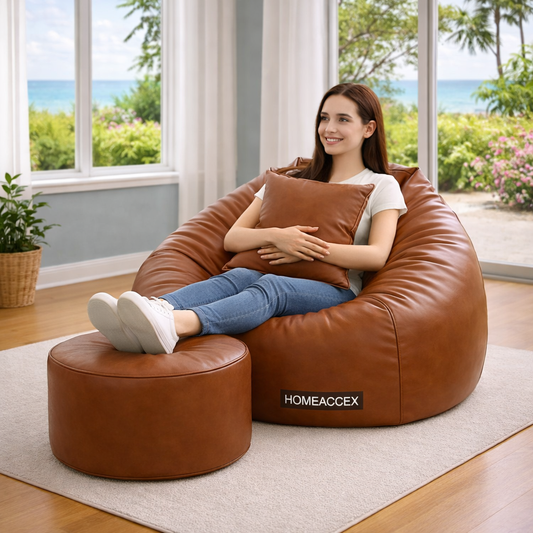 Homeaccex Rexin Leather Filled Bean Bag Sofa Chair With Cushion & Footstool