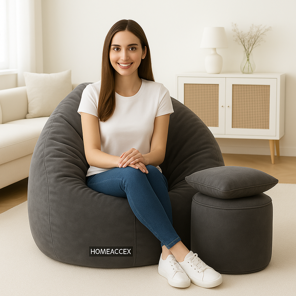 Homeaccex Velvet Filled Bean Bag Sofa Chair With Cushion & Footstool