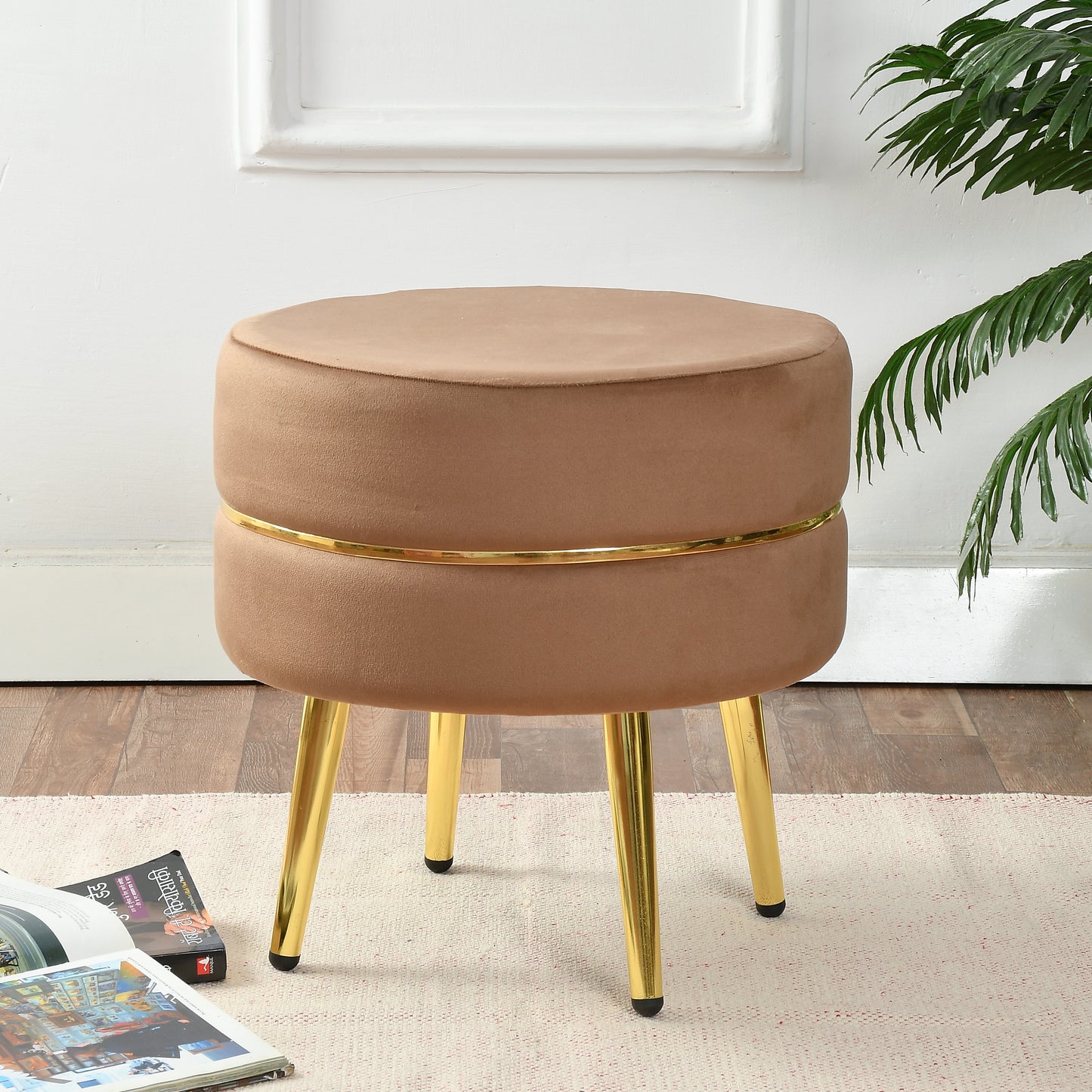 Homeaccex Metalic Ottoman Pouffe Puffy Stool With Golden Legs, 16inch Height