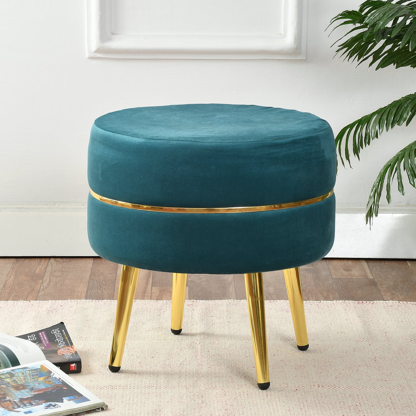Homeaccex Metalic Ottoman Pouffe Puffy Stool With Golden Legs, 16inch Height