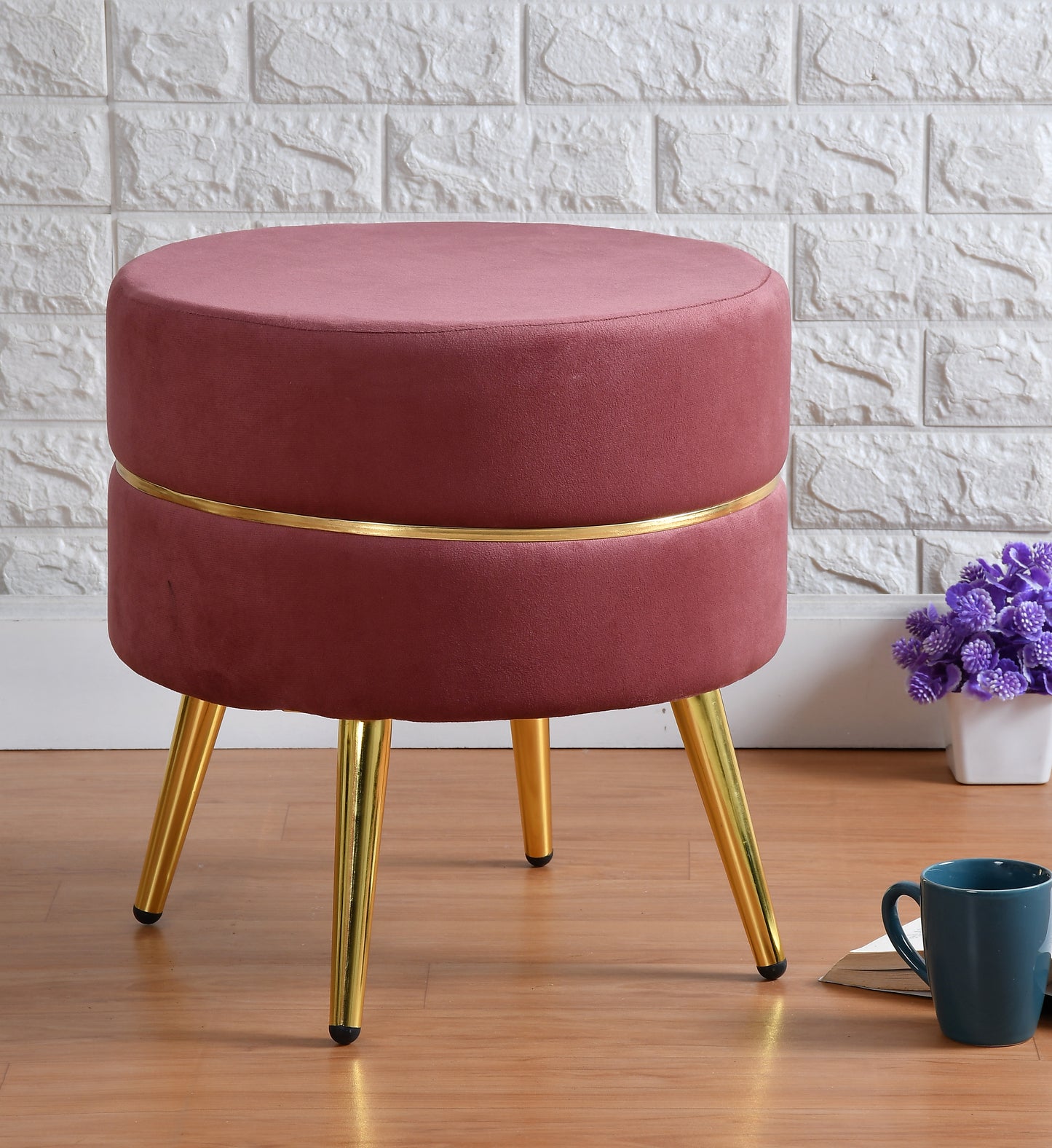 Homeaccex Metalic Ottoman Pouffe Puffy Stool With Golden Legs, 16inch Height